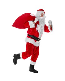 Photo of Man in Santa Claus costume with bag running on white background