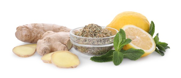 Photo of Ginger, lemon, dry herbs and fresh mint for cough treatment. Cold remedies on white background
