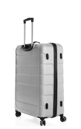 Photo of Grey suitcase for travelling on white background