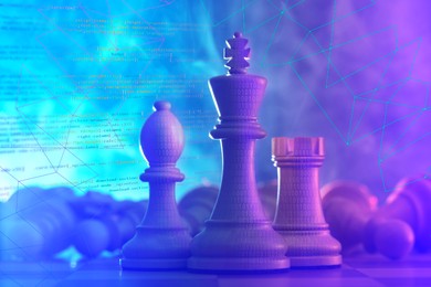 Image of Chess pieces with binary code among fallen ones on table in neon lights