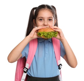 Photo of Little girl eating burger on white background. Healthy food for school lunch