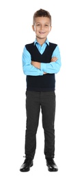 Photo of Happy boy in school uniform on white background