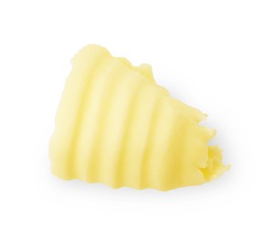 Photo of One tasty butter curl isolated on white, top view