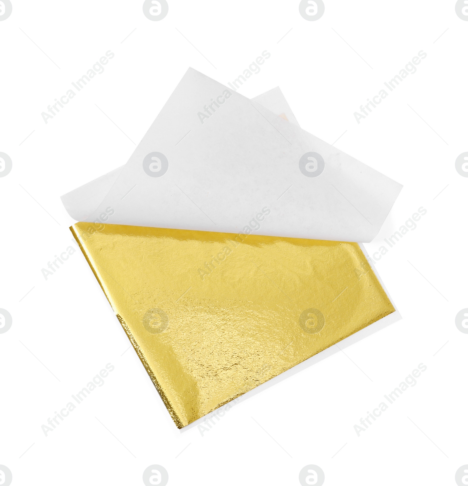 One edible gold leaf sheet isolated on white, top view Photo of One edible gold leaf sheet isolated on white, top view