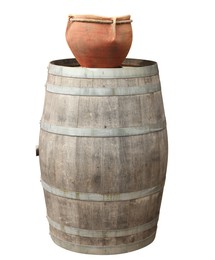 Image of One wooden barrel with clay pot isolated on white