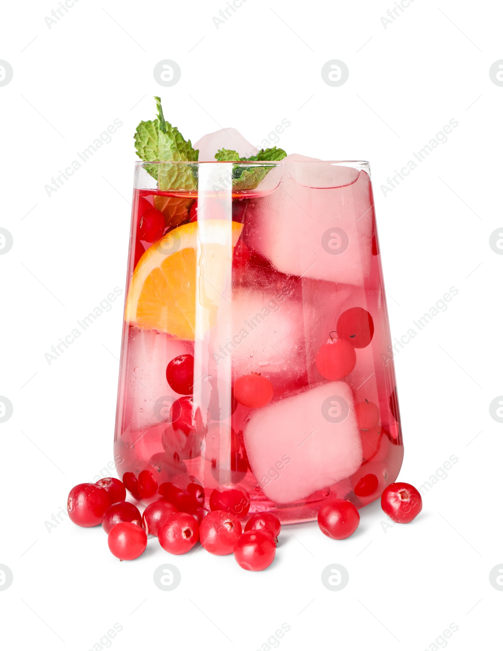 Photo of Tasty cranberry cocktail with ice cubes, mint and orange in glass isolated on white