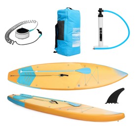 Image of SUP board and different equipment for stand up paddle boarding isolated on white, set