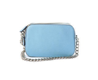 Photo of Stylish light blue leather bag isolated on white