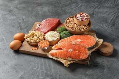 Photo of Different natural food on table. High protein diet