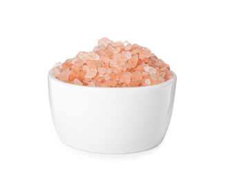 Photo of Pink himalayan salt in bowl isolated on white