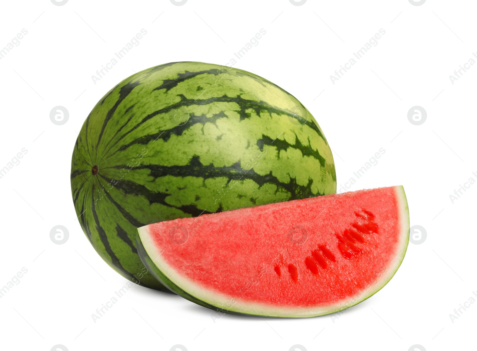 Photo of Ripe whole and cut watermelons isolated on white