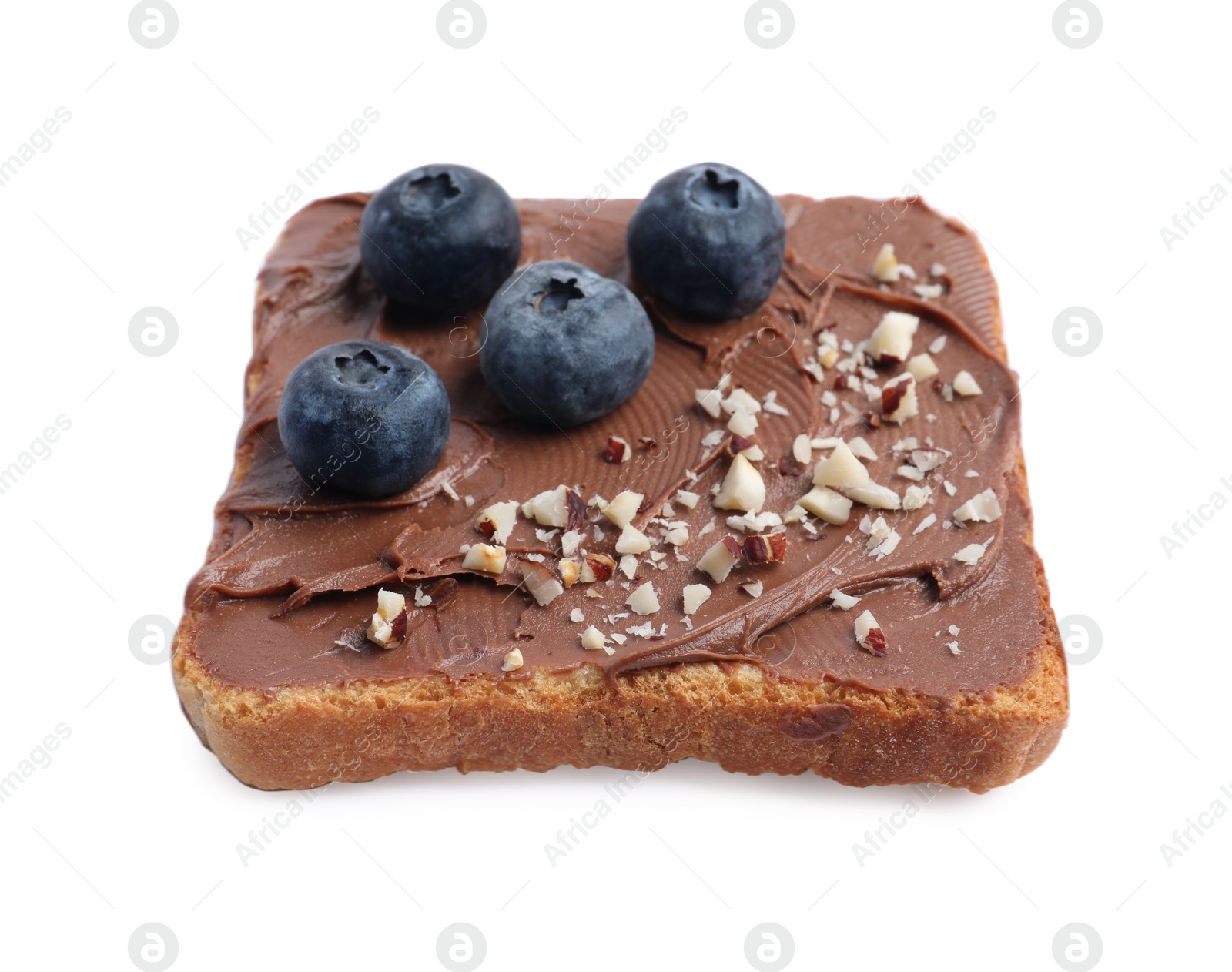 Photo of Toast with tasty nut butter, blueberries and nuts isolated on white