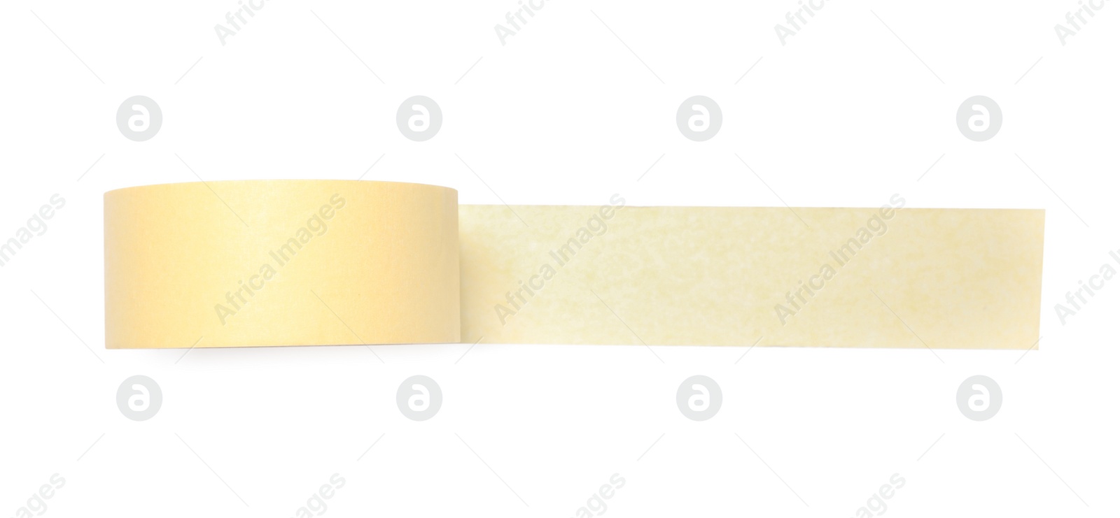 Photo of Roll of yellow adhesive tape on white background, top view