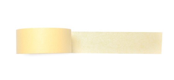 Roll of yellow adhesive tape on white background, top view