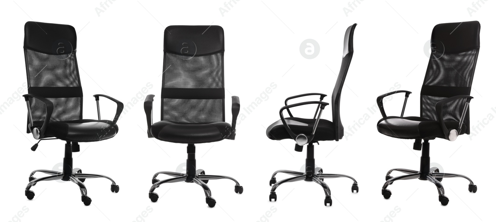 Image of Set with black office chairs with leather seats on white background. Banner design