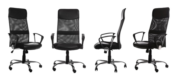 Set with black office chairs with leather seats on white background. Banner design