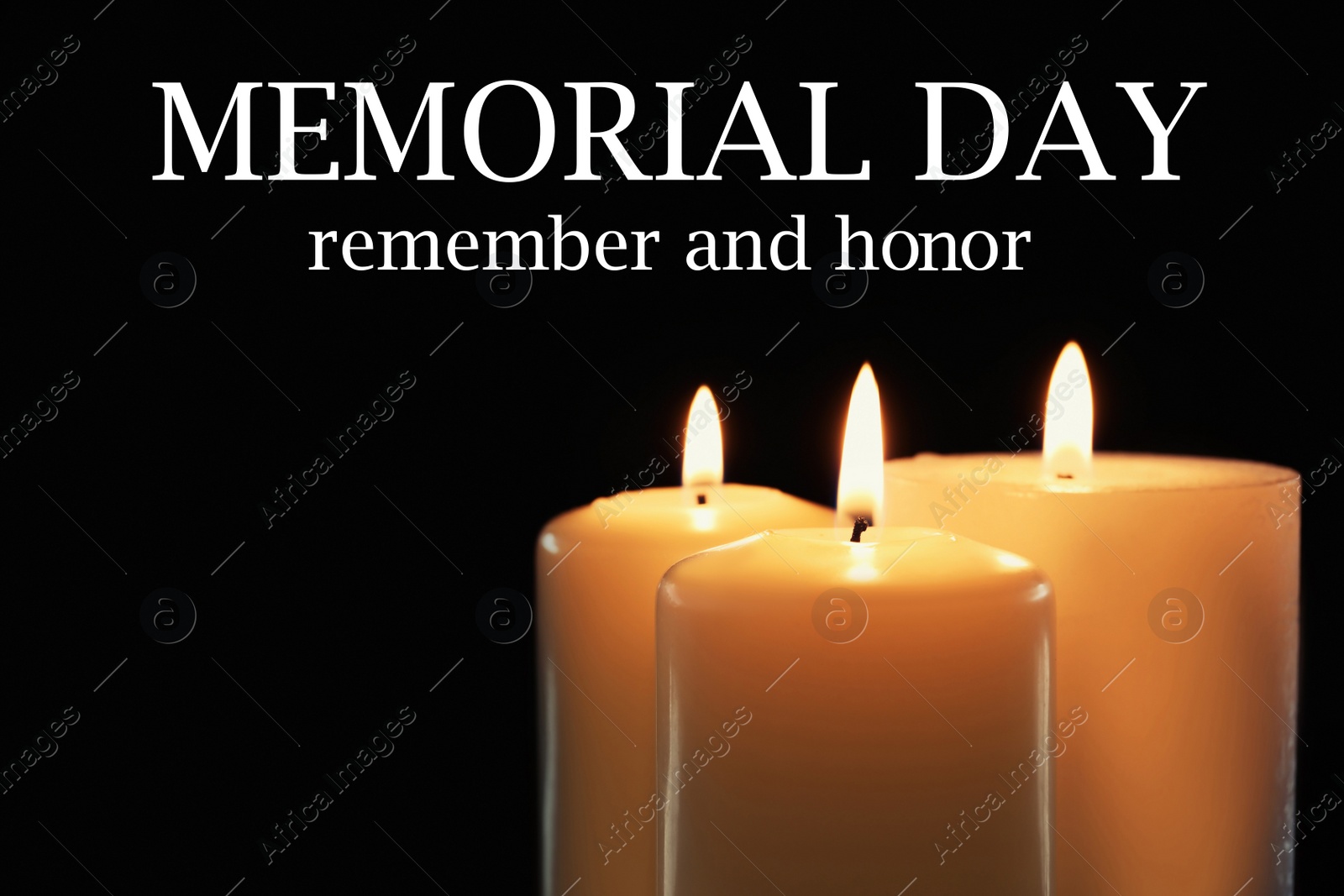 Image of Memorial day. Wax candles burning on black background