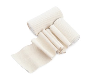 Photo of Medical bandage rolls on white background, above view