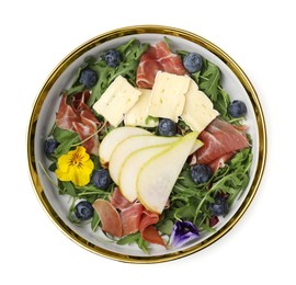 Photo of Tasty salad with brie cheese, prosciutto, blueberries and pear isolated on white, top view