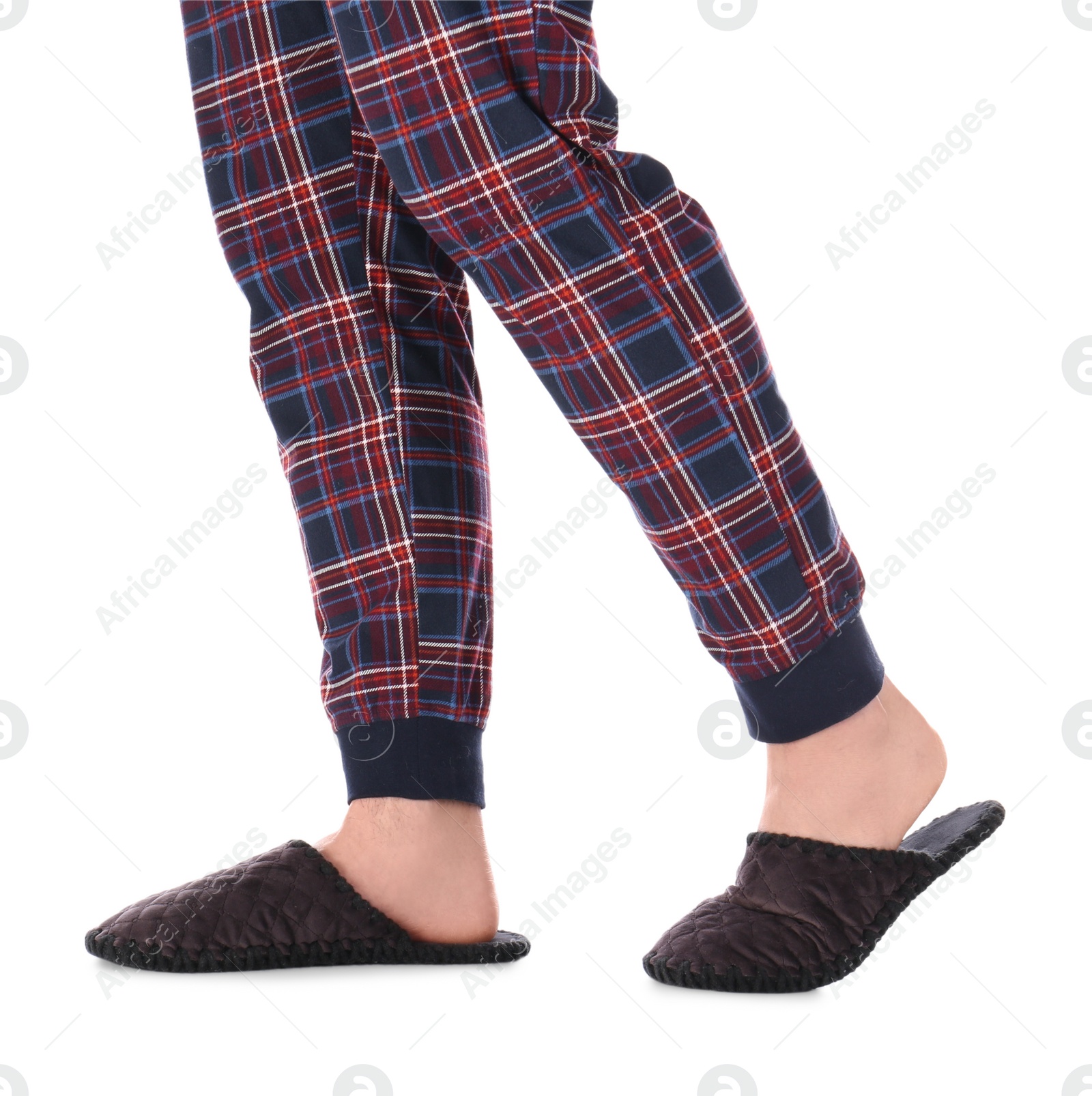 Photo of Man in warm soft slippers on white background, closeup