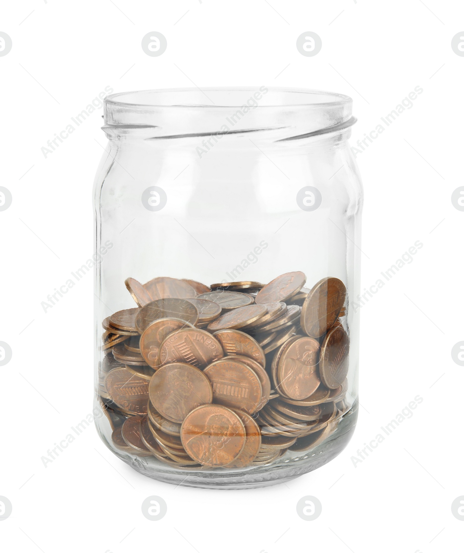 Photo of Glass jar with coins isolated on white