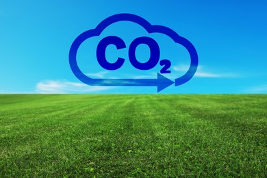 Concept of clear air. CO2 inscription in illustration of cloud with arrow and beautiful meadow