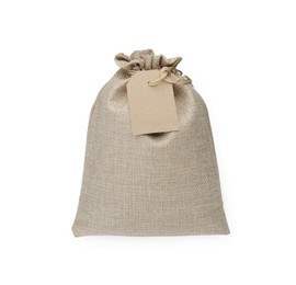 Photo of Tied burlap bag with tag isolated on white, top view