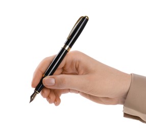 Photo of Woman holding stylish fountain pen on white background, closeup