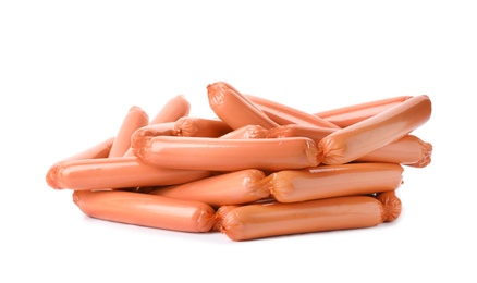 Photo of Encased sausages on white background. Meat product