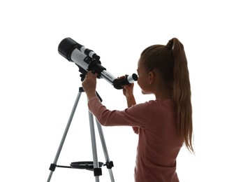 Photo of Little girl looking at stars through telescope on white background