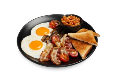 Plate with fried eggs, mushrooms, beans, bacon, tomatoes and toasted bread isolated on white. Traditional English breakfast