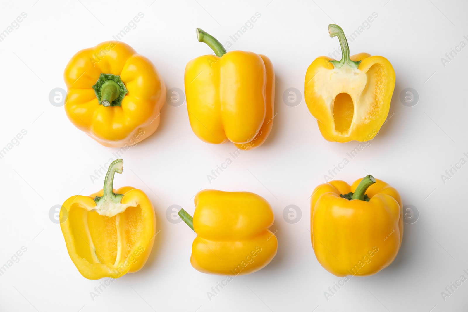 Photo of Flat lay composition with raw ripe paprika peppers on white background