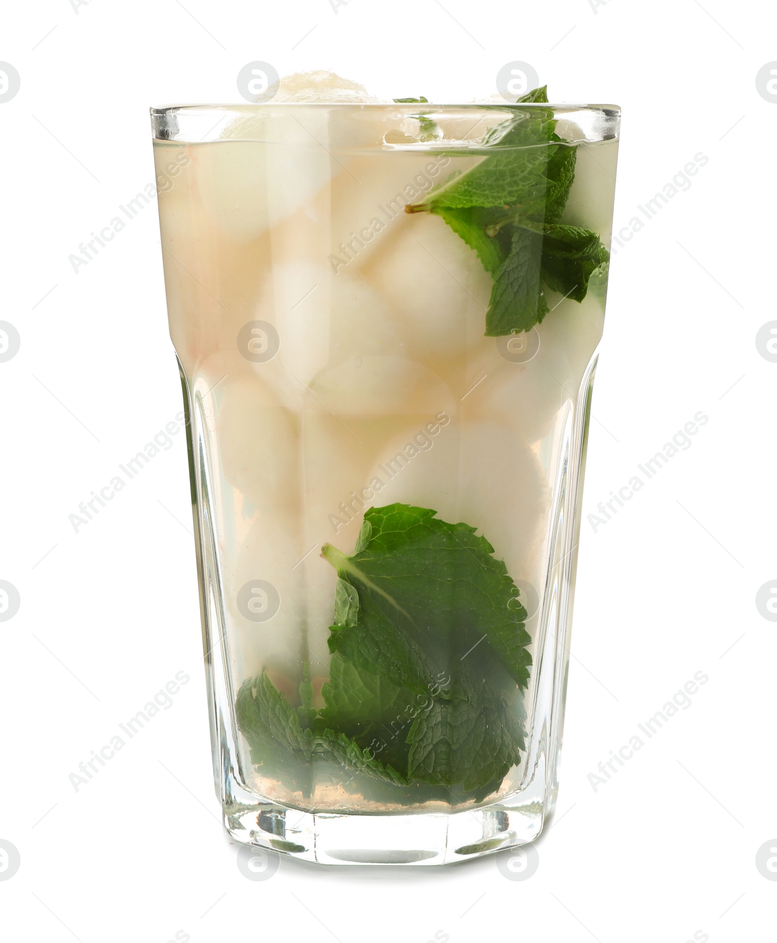 Photo of Glass with melon ball drink on white background