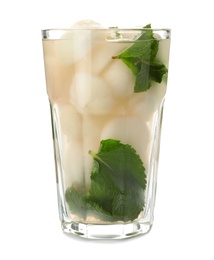 Glass with melon ball drink on white background