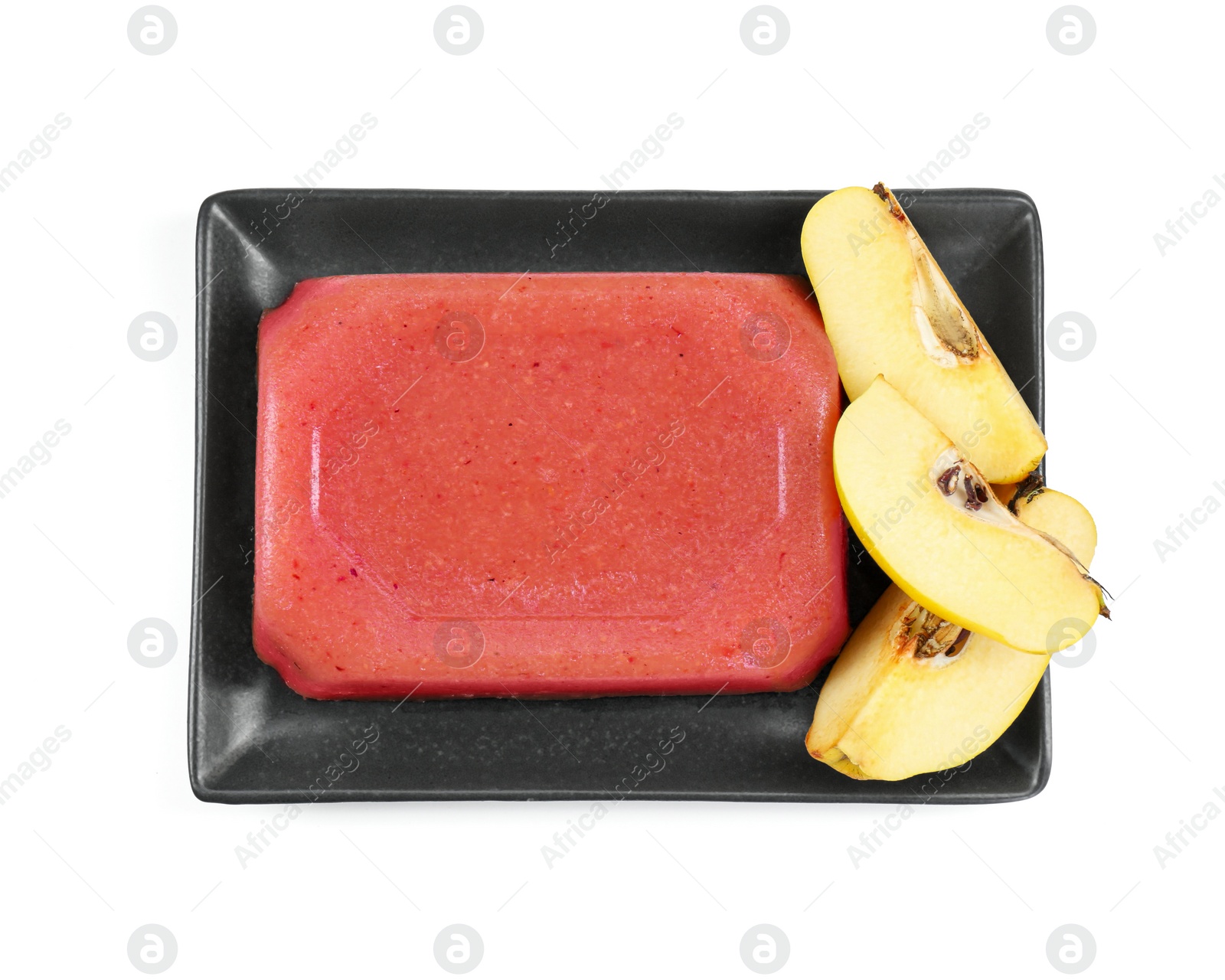 Photo of Delicious sweet quince paste and fresh fruit isolated on white, top view