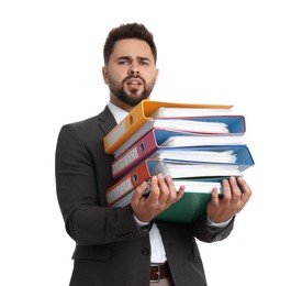 Photo of Stressful man with folders on white background