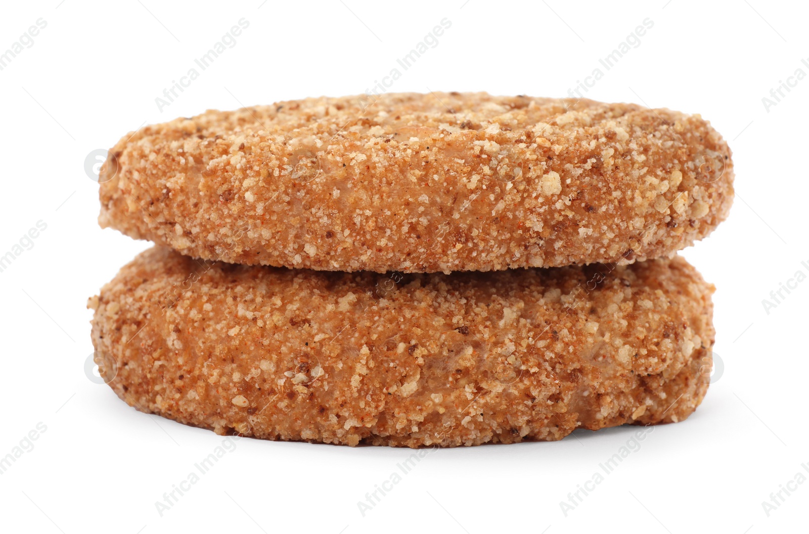 Photo of Two vegan cutlets with breadcrumbs isolated on white