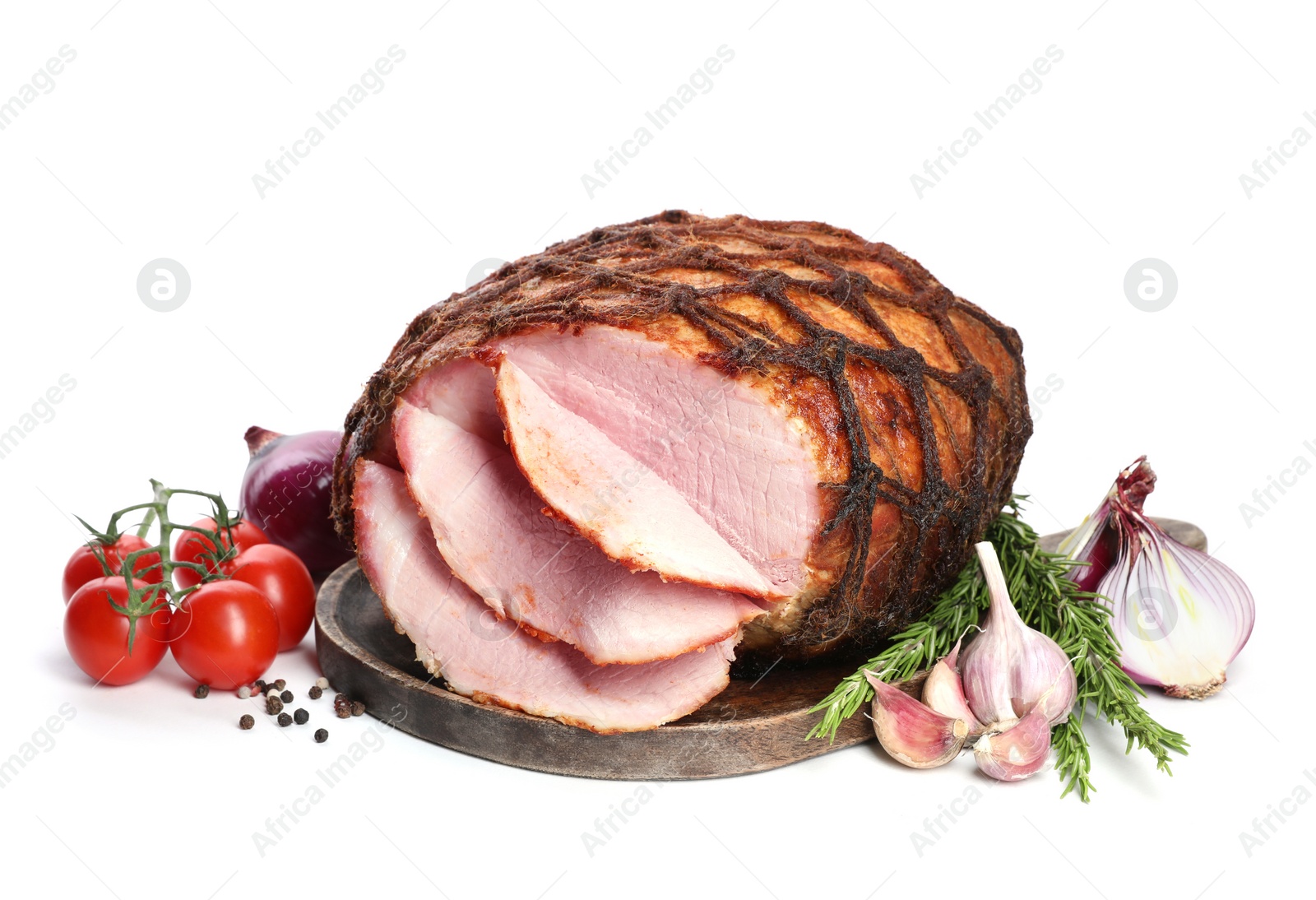 Photo of Delicious baked ham, onion, garlic and tomatoes isolated on white