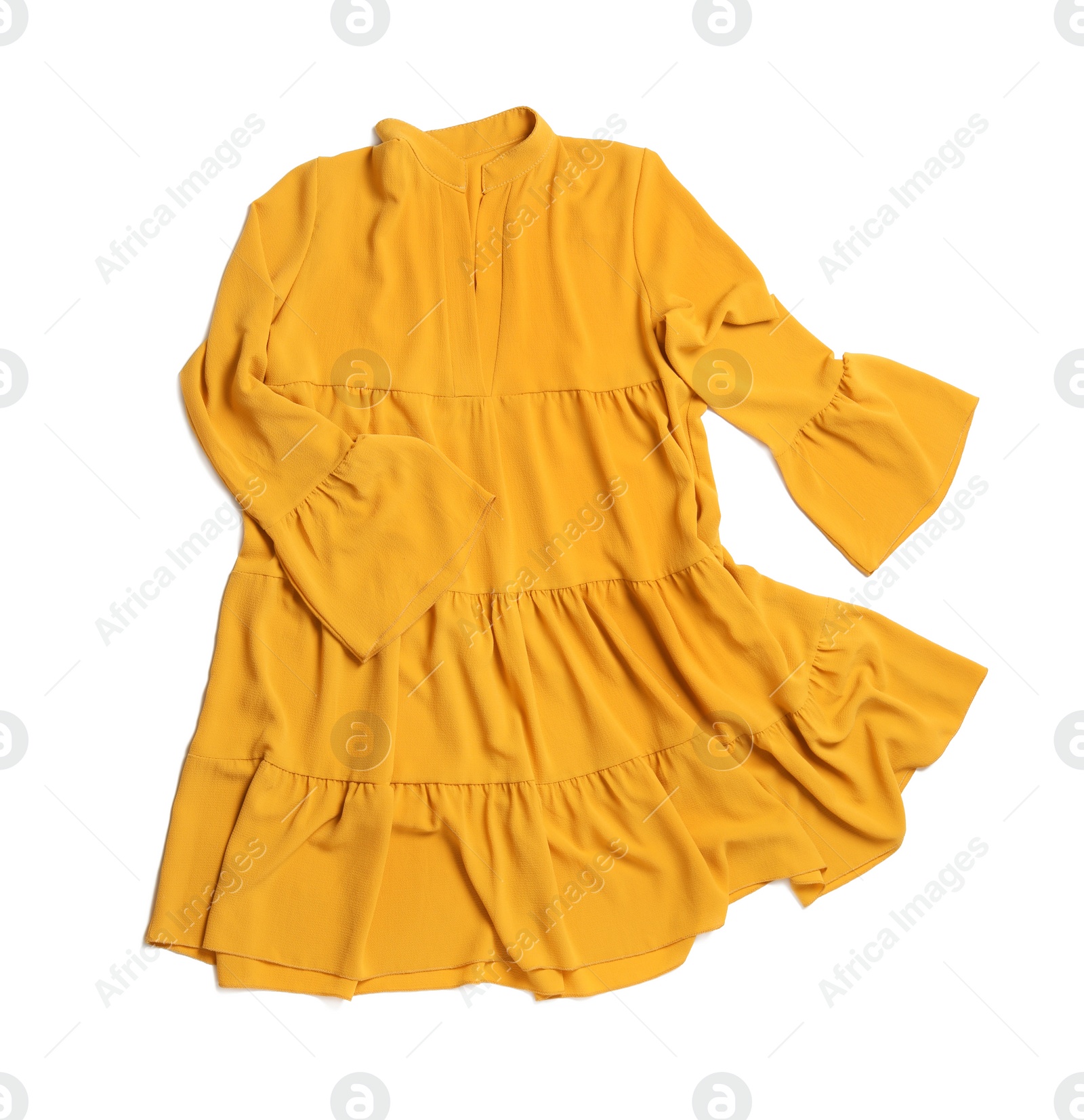 Photo of Beautiful yellow dress isolated on white, top view