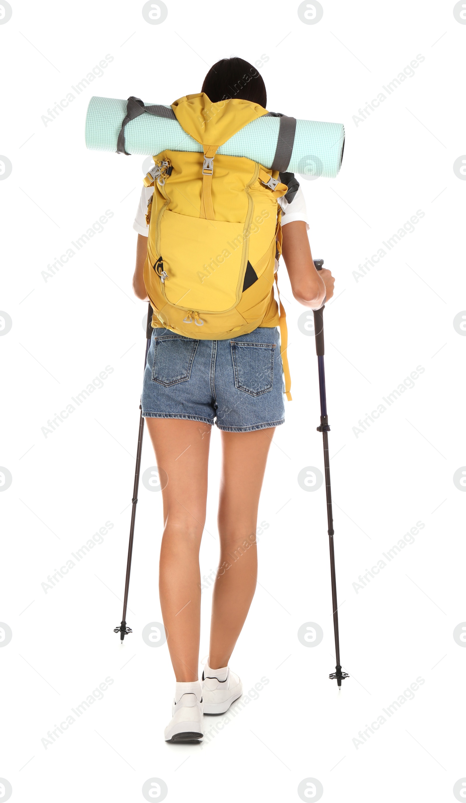 Photo of Female hiker with backpack and trekking poles on white background, back view