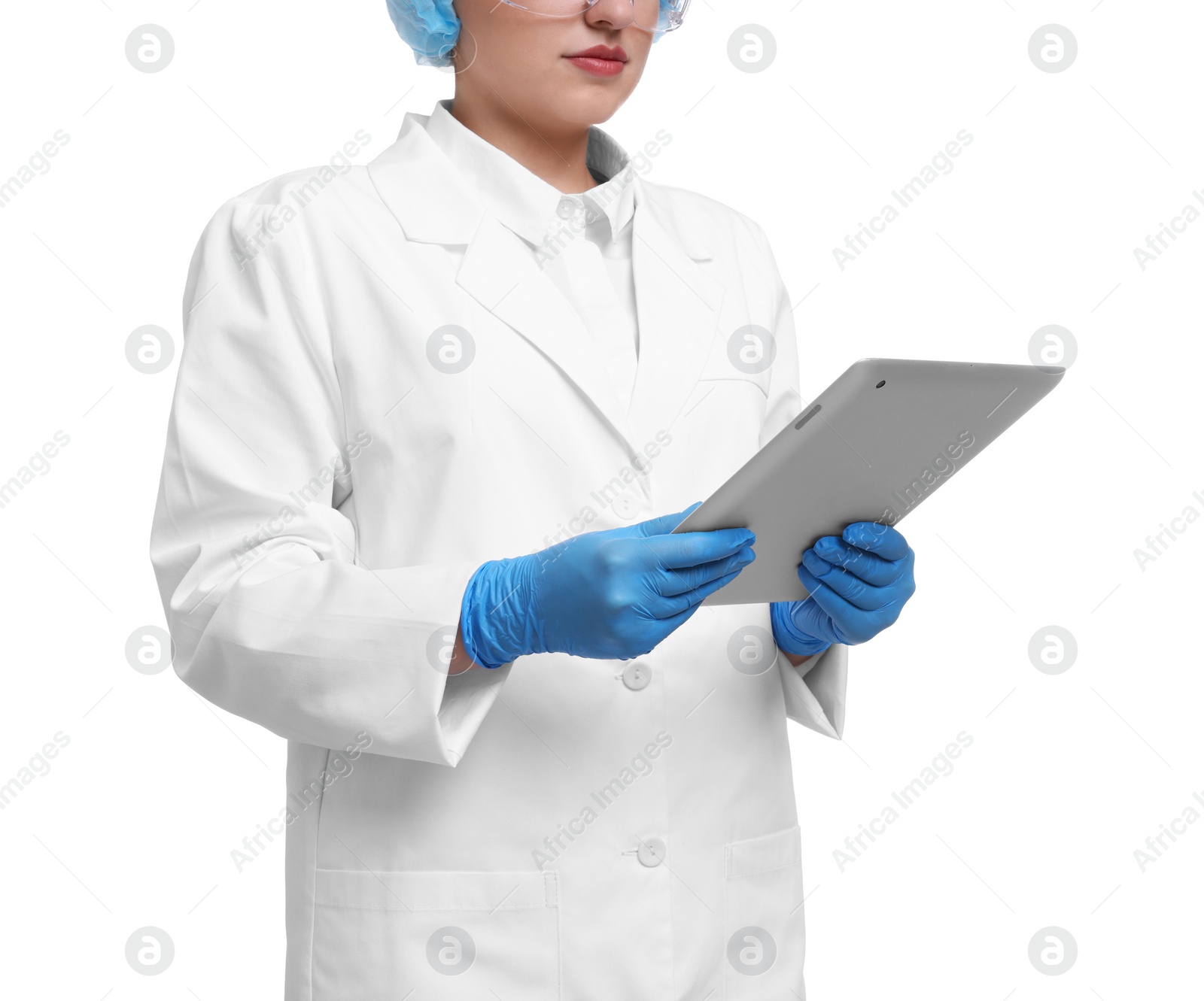 Photo of Quality control. Food inspector with tablet on white background, closeup