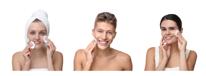 Image of People cleaning faces with cotton pads on white background, set of photos