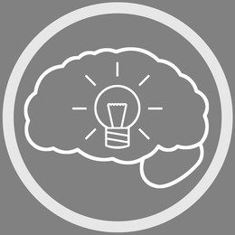 Brain with glowing light bulb in frame, illustration on grey background