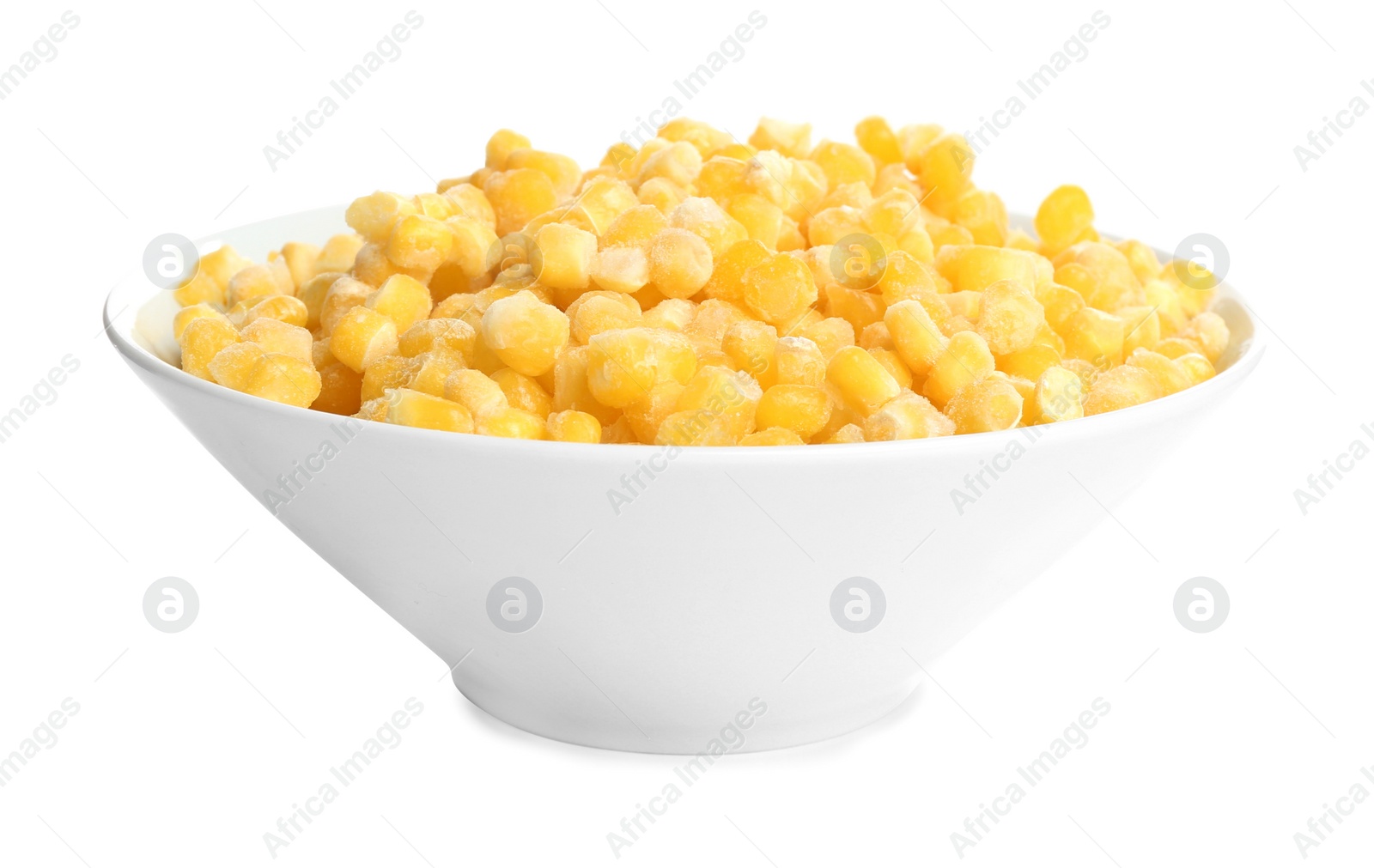 Photo of Frozen corn in bowl isolated on white. Vegetable preservation