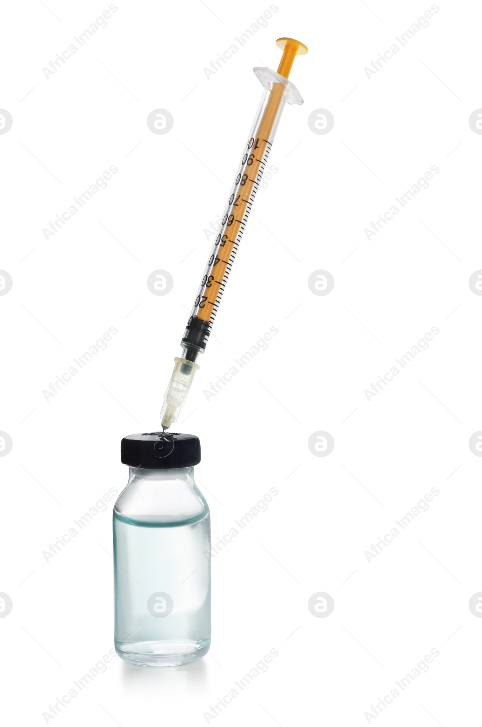 Photo of Disposable syringe with needle and vial on white background