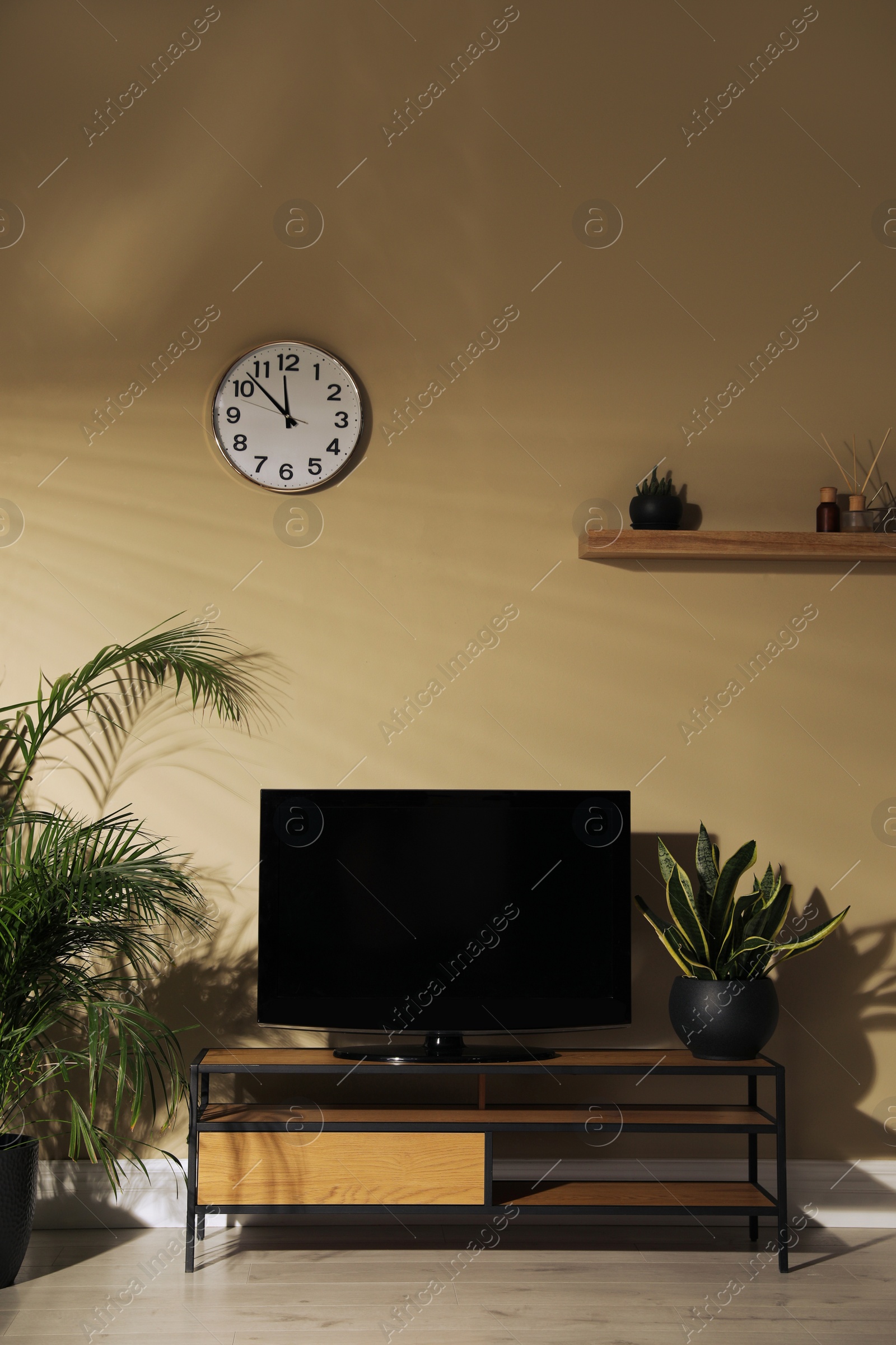 Photo of Modern TV on cabinet and green plants near beige wall in room. Interior design