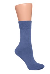 Photo of Blue sock isolated on white. Footwear accessory