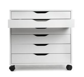 Photo of Stylish chest of drawers on white background. Furniture for wardrobe room