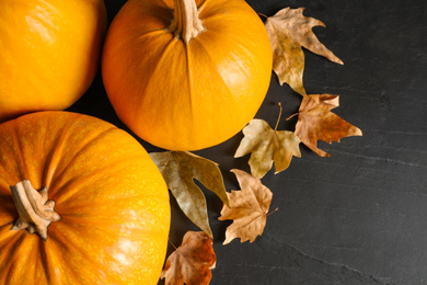 Photo of Ripe pumpkins and autumn leaves on black table, above view