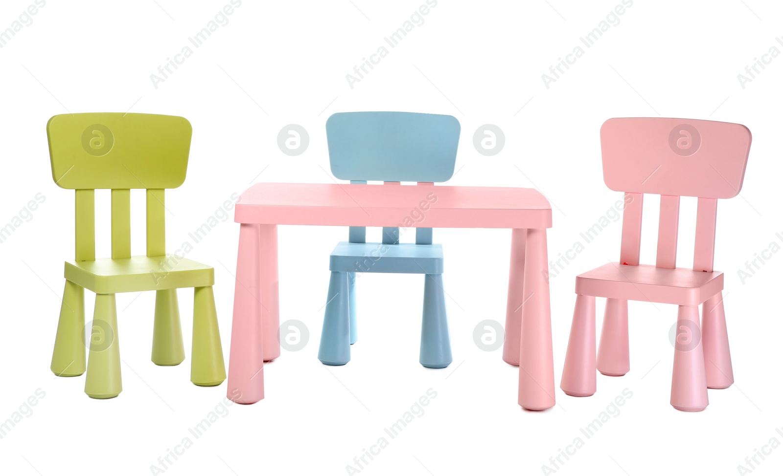 Photo of Colorful table and chairs for little kids isolated on white